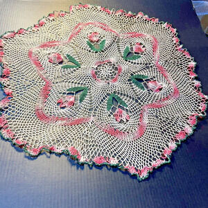 Vintage Pink Tulips Doily 31" Lg Home/Easter Decor Hand Made Ruffled Lt Starch